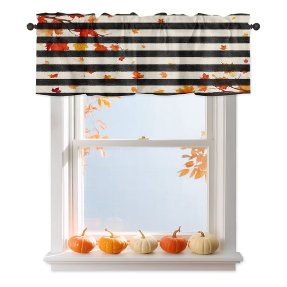 Fall Maple Leaf Valances for Windows, Country Vintage Red Yellow Leaves Black Stripe Rod Pocket Valance Short Window Treatments Curtains for Kitchen Bathroom Bedroom Decor, 54 x 18 Inches