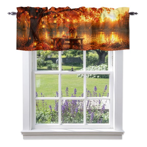 Fall Maple Leaf Valances for Windows, Lakeside Serenity Orange Golden Pumpkins Tree Rustic Valance Window Treatment Rod Pocket Short Curtains Valances for Kitchen Bathroom 42"W x 12"L