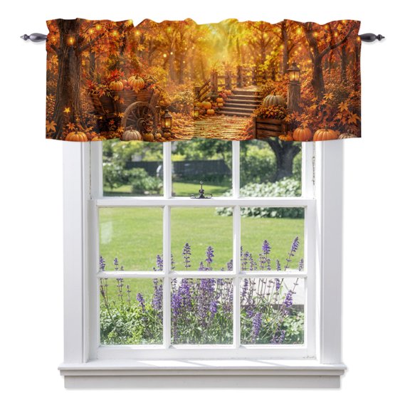 Fall Maple Leaf Valances for Windows, Orange Golden Pumpkins Tree Rustic Wooden Cart Valance Window Treatment Rod Pocket Short Curtains Valances for Kitchen Bathroom 42"W x 12"L