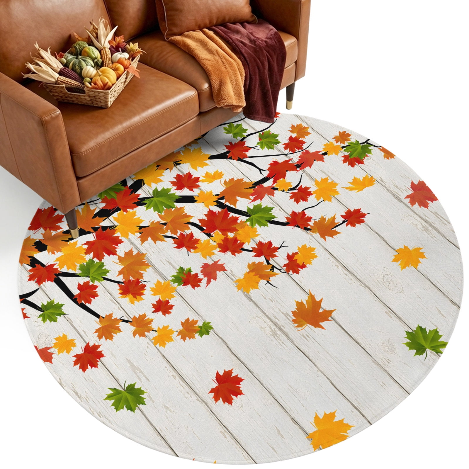 Fall Maple Leaf Washable Round Area Rug 3 ft, Country Farmhouse Red ...