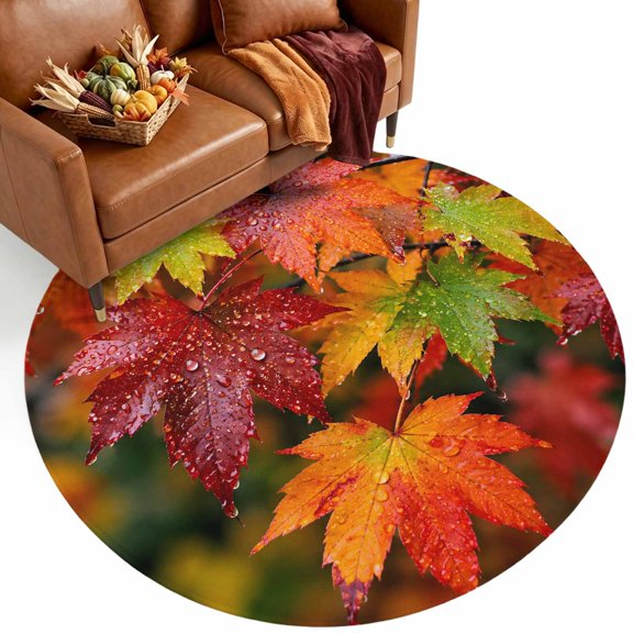 Fall Maple Leaf Washable Round Area Rug 8 ft, Rustic Red Green Leaf Water Droplets Twig Foliage Soft Non‑Slip Rugs Stain Repellent Indoor Mats for Oversized Living‑Room, Big Circular Dining Area
