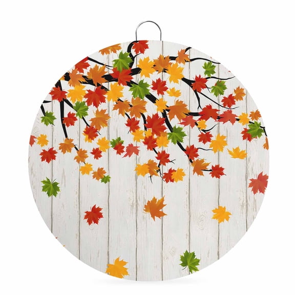 Fall Maple Leaf Welcome Sign for Front Door 8 in Country Farmhouse Red Green Leaves Tree Wood Grain Round Metal Sign Wall Hanging Sign for Indoor Outdoor Farm Home Porch Wall Decor Thanksgiving Gift