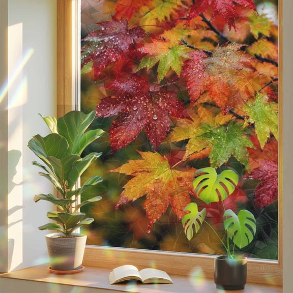 Fall Maple Leaf Window Privacy Film, Rustic Red Green Leaf Water Droplets Twig Foliage Stained Glass Rainbow Film Decorative Window Clings, Static Cling Sun Blocking Stickers 17.7" x 39.3"