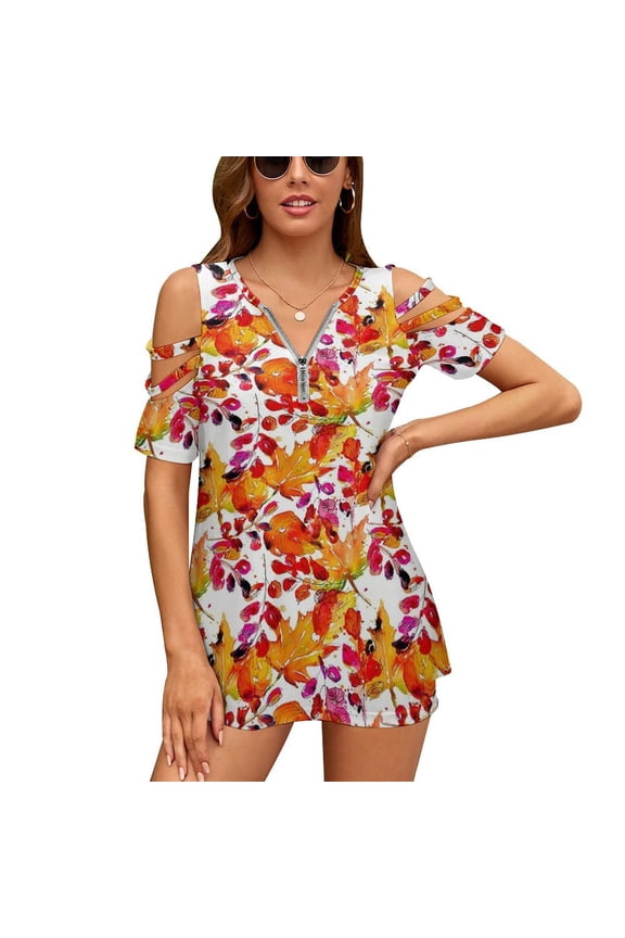 Fall Maple Leaf ! Womens Summer V Neck Zipper Top Short Sleeve T Shirt Off Shoulder Top Casual Classy Loose Shirts