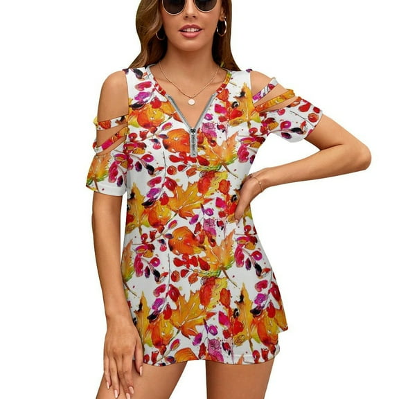 Fall Maple Leaf ! Womens Summer V Neck Zipper Top Short Sleeve T Shirt Off Shoulder Top Casual Classy Loose Shirts