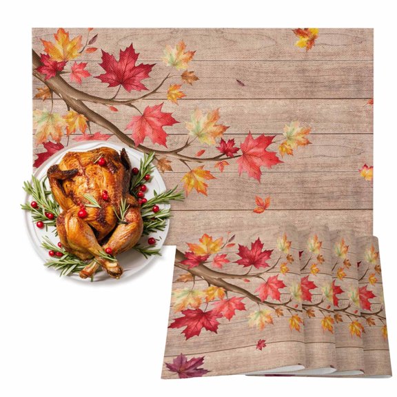 Fall Maple Leaf Wood Plank Placemats Set of 6,Wipeable Washable Table Mats for Dining Tables, Fallen Leaves Retro Wooden Place Mats for Kitchen Event Party Tabletop Decor