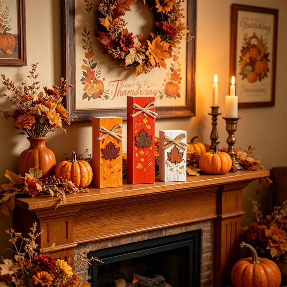 Fall Maple Leaf Wooden Block Set 5.91x3.15x2.36inch, Distressed Wood Tiered Tray Decor with Raffia Bow for Thanksgiving Autumn Farmhouse Tabletop Home Decor