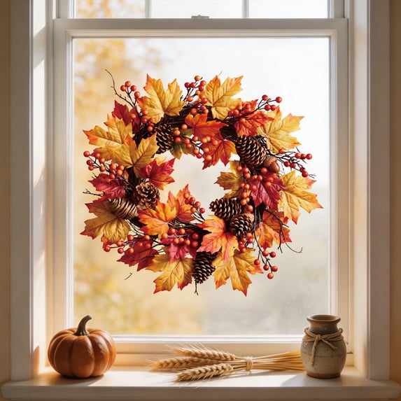 Fall Maple Leaf Wreath Static Window Clings for Thanksgiving Decor, Thanksgiving Seasonal Decals for Indoor Glass Window Display