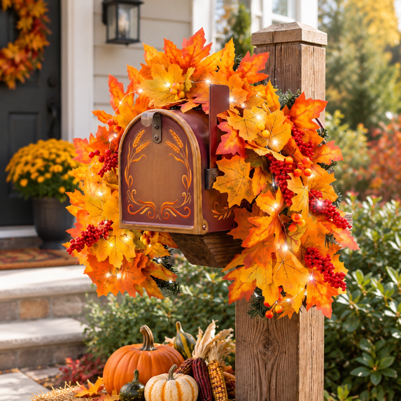Fall Maple Leaf Wreath with Lights for Outdoor Mailbox and Home Decor ...