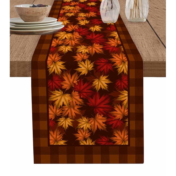 Fall Maple Leaves Burlap Cotton Table Runner 13x90 Inches Long, Thanksgiving Brown Leaf Retro Plaid Farmhouse Table Runners, Outdoor Dining Tablecloths Decor for Baby Shower/Party/Wedding