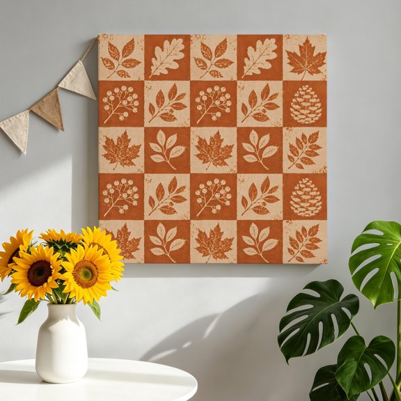 Fall Maple Leaves Canvas Wall Art for Living Room, Pine Cones Orange Checkered Grid Rustic Poster Print Painting for Bedroom Office Home Decoration Wall Pictures Prepare To Hang 12"x12"