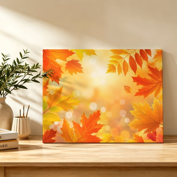 Fall Maple Leaves Canvas Wall Art, Orange Red Autumn Sunshine Natural Scenery Wall Art Prints Artwork Framed Canvas Ready to Hang Art Pictures for Bathroom Bedroom Entry Desk Corner 10" x 8"