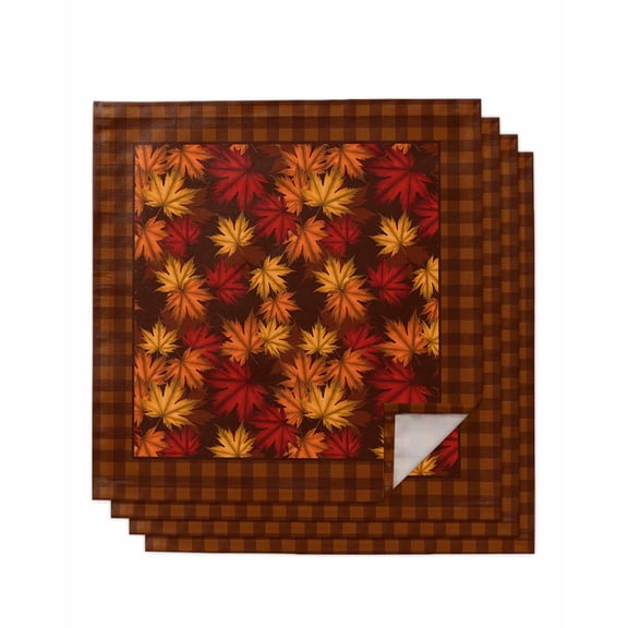 Fall Maple Leaves Cloth Napkins Set of 4 Reusable Dinner Napkins, Brown Leaf Farmhouse Retro Plaid Cocktail Napkin Washable Table Napkins for Wedding/Holiday Party/Baby Shower 20"x20"