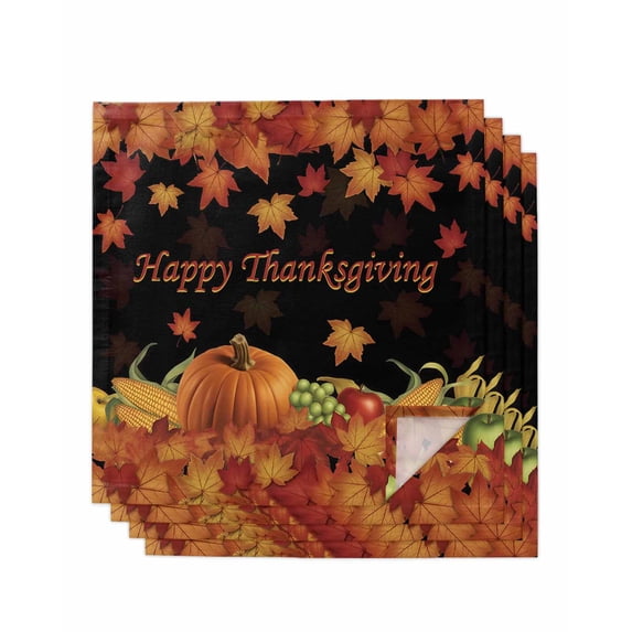 Fall Maple Leaves Cloth Napkins Set of 4 Reusable Dinner Napkins, Happy Thanksgiving Pumpkins Autumn Black Cocktail Napkin Washable Table Napkins for Wedding/Holiday Party/Baby Shower 20"x20"