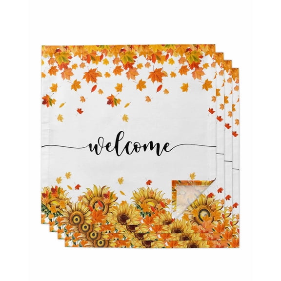 Fall Maple Leaves Cloth Napkins Set of 4 Reusable Dinner Napkins, Thanksgiving Autumn Sunflowers Rustic Cocktail Napkin Washable Table Napkins for Wedding/Holiday Party/Baby Shower 20"x20"