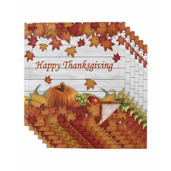 Fall Maple Leaves Cloth Napkins Set of 6 Reusable Dinner Napkins, Happy Thanksgiving Pumpkins Country Plank Cocktail Napkin Washable Table Napkins for Wedding/Holiday Party/Baby Shower 20"x20"