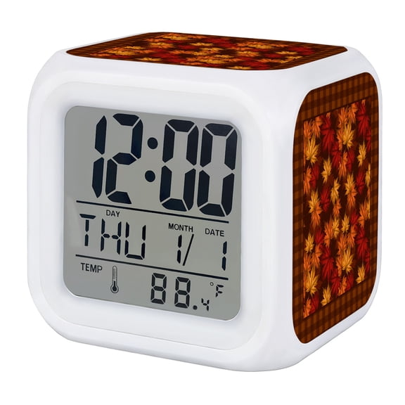 Fall Maple Leaves Digital Alarm Clock for Bedrooms, Smart LED Alarm Clock with 7 Color Changing Night Light, Brown Leaf Farmhouse Retro Plaid Silent Wake Up Clocks for Sleep Study Cooking 3.2"x3.2"