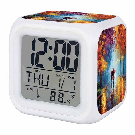 Fall Maple Leaves Digital Alarm Clock for Bedrooms,Smart LED Alarm Clock with 7 Color Changing Night Light,Modern Oil Painting Country Street Light Silent Wake Up Clocks for Sleep Study 3.2"x3.2"