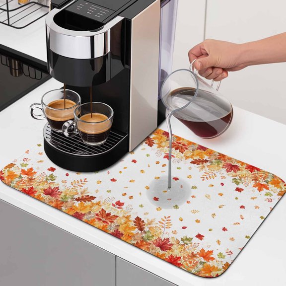 Fall Maple Leaves Dish Drying Mats for Kitchen Counter, Rustic Pastoral Harvest Red Orange Green Brown Leaf Absorbent Coffee Bar Mat with Non-slip Rubber Backed Quick Drying Dish Rack Pad 16"x18"