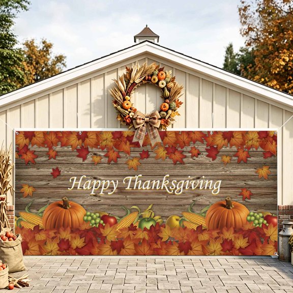 Fall Maple Leaves Garage Door Cover,Thanksgiving Pumpkin Rustic Corn Brown Plank Garage Door Decorations with Ropes,Outdoor Hanging Banner Backdrop for Holiday Party Porch Wall Decor 6.9x8ft