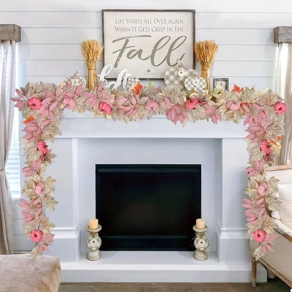 Fall Maple Leaves Garland Decoration - 5.58ft Artificial Fall Foliage Garland with Pink Pumpkins Autumn Decor for Halloween Thanksgiving Home Table Decor (White)