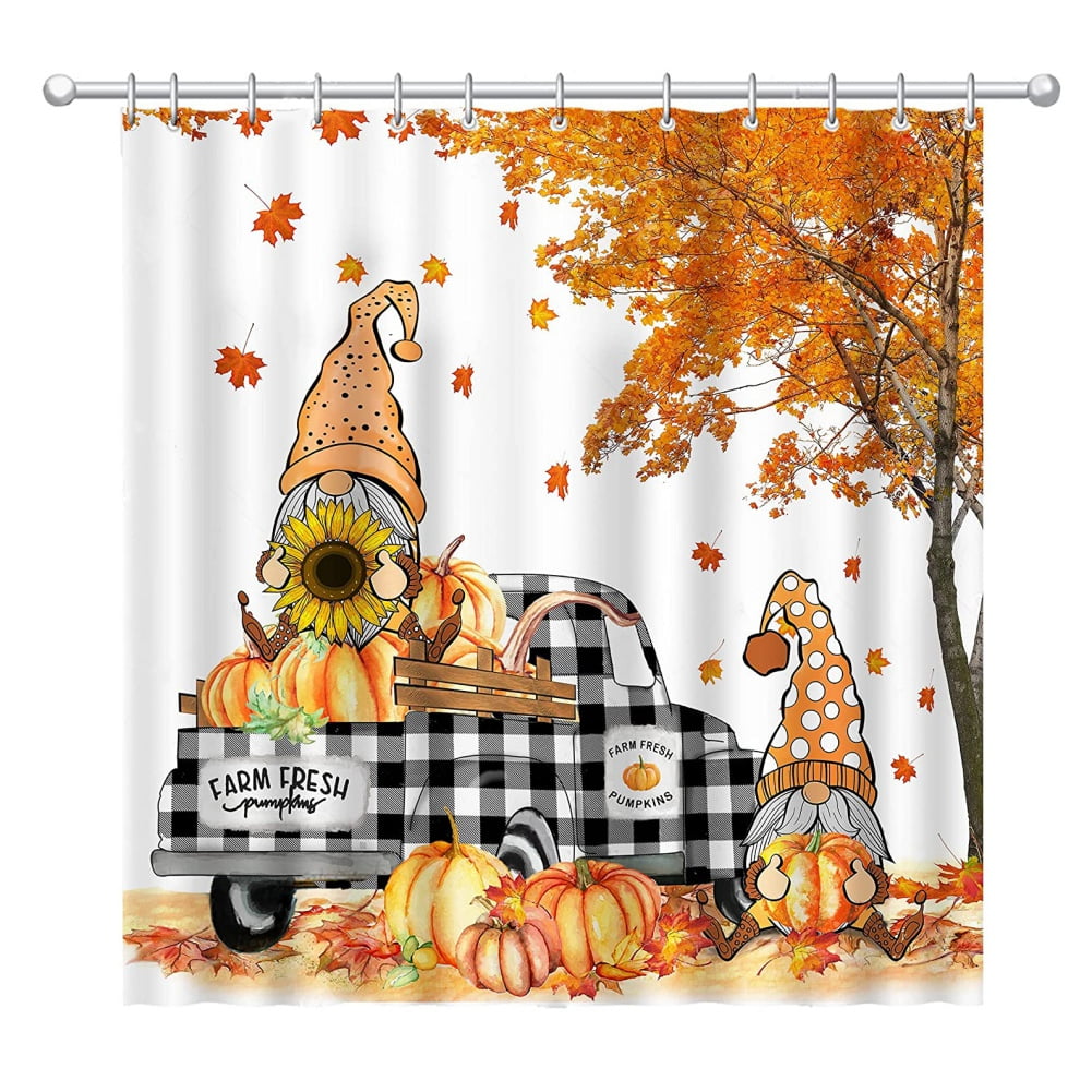 Fall Maple Leaves Gnome Shower Curtain,Autumn Plaid Pumpkins Shower