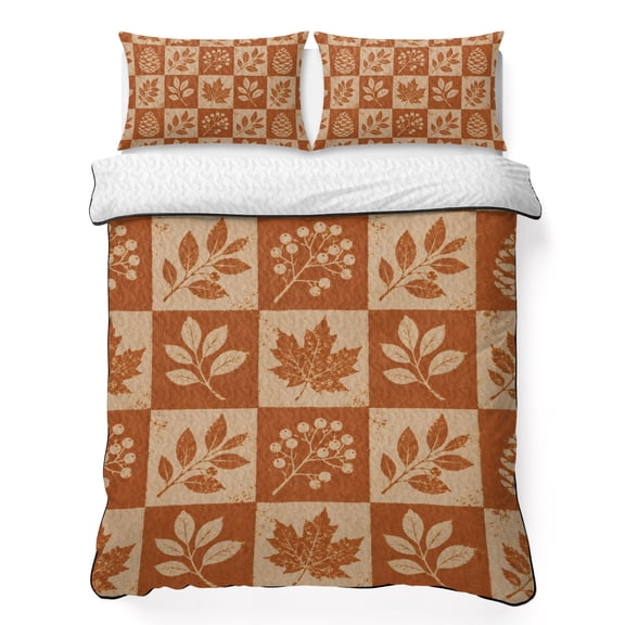 Fall Maple Leaves King Quilt Bedding Set, Pine Cones Orange Checkered Grid Rustic Lightweight Comforter with 2 Pillow Shams Bedroom Bedspread Set Home Decor for All Seasons