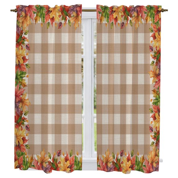 Fall Maple Leaves Kitchen Curtains 63 Inch Length, Thanksgiving Beige Brown Plaid Tiers Curtains for Living Room Berdoom Bathroom, Light Filtering Drapes Window Treatment 2 Panels 42"Wx63"L