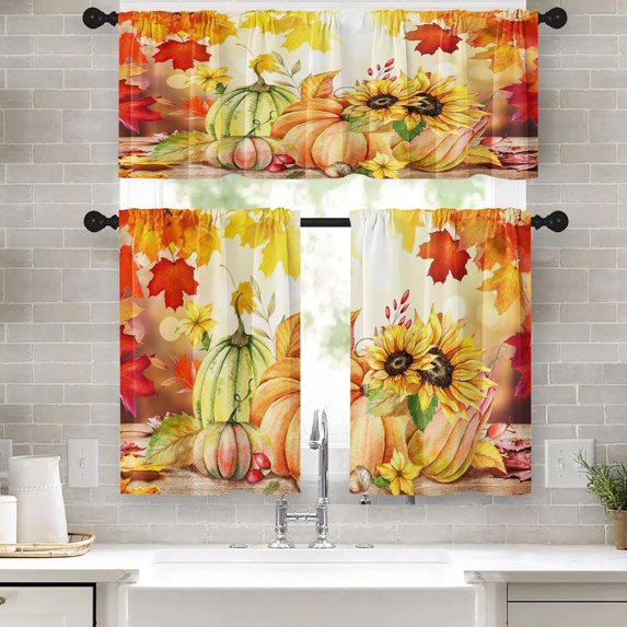 Fall Maple Leaves Kitchen Curtains Pumpkins Window Curtains Valance and Tier Set 36 Inch, Orange Autumn Rod Pocket Short Tier Curtain for Room, Watercolor Small Cafe Kitchen Decor