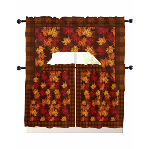 Fall Maple Leaves Kitchen Curtains Sets 36 Inch Length with Valance, Thanksgiving Brown Leaf Retro Plaid Swag Valances and Tiers Curtain Set Drapes Swag Curtains for Living Room, Bathroom, Bedroom