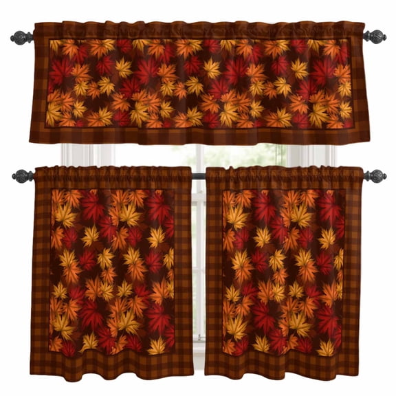 Fall Maple Leaves Kitchen Curtains Sets for Windows 36 Inch Length, Brown Leaf Farmhouse Retro Plaid Rod Pocket Window Treatments Tier Curtains and Valances Set for Bedroom/Bathroom