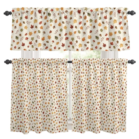 Fall Maple Leaves Kitchen Curtains Valances 3 Piece Set, Country Harvest Yellow Orange Red Green Leaf Rod Pocket Tier Curtain and Valance Drapes for Small Window 24 Inch Length for Bedroom Cafe