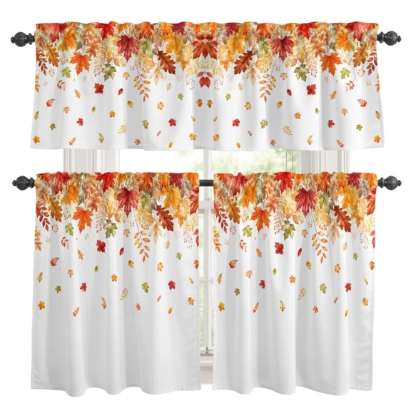 Fall Maple Leaves Kitchen Curtains Valances 3 Piece Set, Country Pastoral Red Orange Green Brown Leaf Rod Pocket Tier Curtain and Valance Drapes for Small Window 24 Inch Length for Bedroom Cafe