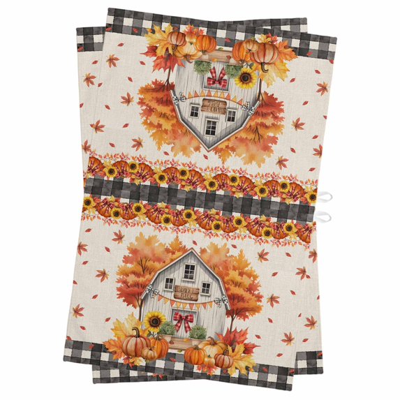 Fall Maple Leaves Kitchen Towels Set of 2, Water Absorbent Dish Towel, Thanksgiving Pumpkins Flowers Retro Plaid Decorative Hand Towels - Quick Drying Cloth for Cooking Baking, 18x28 Inch