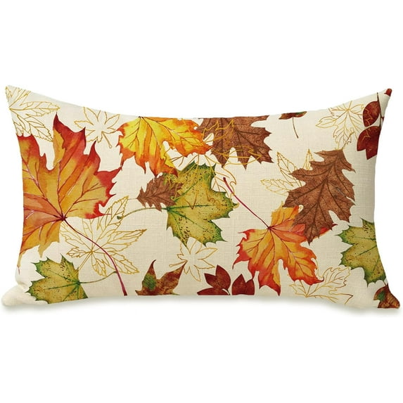 Fall Maple Leaves Lumbar Decorative Rectangle Pillow Cover 12 x 20, Autumn Farmhouse Rustic Porch Patio Outdoor Pillowcase, Thanksgiving Seasonal Sofa Couch Cushion Case Home Decor