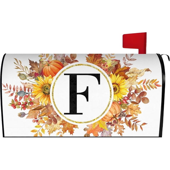 Fall Maple Leaves Monogram Letter F Mailbox Cover Magnetic 25.5x21 Inch, Family Last Name Initial Post Letter Box Covers, Autumn Thanksgiving Seasonal Outdoor Yard Oversized Mailbox Decor