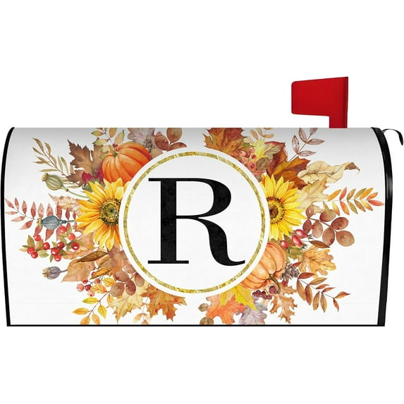 Fall Maple Leaves Monogram Letter R Mailbox Cover Magnetic 21x18 Inch, Family Last Name Initial Post Letter Box Covers, Autumn Thanksgiving Seasonal Outdoor Yard Standard Mailbox Decor