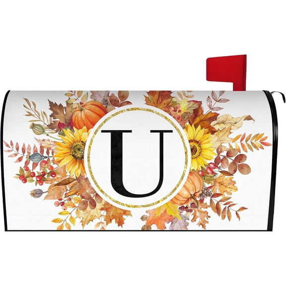 Fall Maple Leaves Monogram Letter U Mailbox Cover Magnetic 25.5x21 Inch, Family Last Name Initial Post Letter Box Covers, Autumn Thanksgiving Seasonal Outdoor Yard Oversized Mailbox Decor
