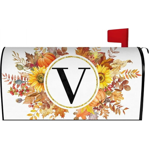 Fall Maple Leaves Monogram Letter V Mailbox Cover Magnetic 21x18 Inch, Family Last Name Initial Post Letter Box Covers, Autumn Thanksgiving Seasonal Outdoor Yard Standard Mailbox Decor