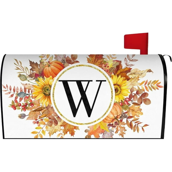 Fall Maple Leaves Monogram Letter W Mailbox Cover Magnetic 25.5x21 Inch, Family Last Name Initial Post Letter Box Covers, Autumn Thanksgiving Seasonal Outdoor Yard Oversized Mailbox Decor