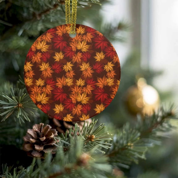 Fall Maple Leaves Orange Watercolor Christmas Ceramic Ornament 2026,3" Round Xmas Tree Hanging Accessories with Ribbon,Thanksgiving Fallen Leaf Pendant Ornaments for Holiday Gift Home Party Decor