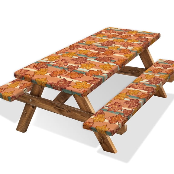Fall Maple Leaves Picnic Table Cover with Bench Covers,Autumn Theme Decor Tablecloths,for 6 Ft Rectangle Tables and Seats,with Drawstring Bag(30x72 Inches)
