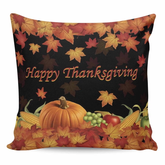 Fall Maple Leaves Pillow Covers 18x18 Inch Decorative Throw Pillow Cover, Happy Thanksgiving Pumpkins Autumn Black Sofa Pillowcases Accent Cushion Case Home Decor Bedroom Living Room