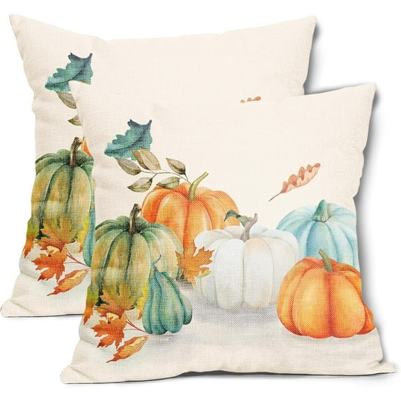 Fall Maple Leaves Pillow Covers 20X20 Inch Teal Orange White Green Pumpkins Decorative Couch Pillow Cases Set of 2 Autumn Thanksgiving Throw Pillows Farm Decor For Room Porch Patio Couch Outdoor