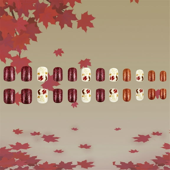 Fall Maple Leaves Press on Nail Short Square Thanksgiving False Nail with Designs Autumn Stick on Nail for Women 24Pcs
