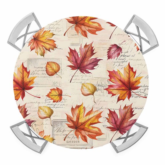 Fall Maple Leaves Round Tablecloth for 36-44 Inch Tables,Fitted Table Cover with Elastic Edge,Thanksgiving Farmhouse Orange Leaf Waterproof Outdoor Table Cloth Protector for Patio Garden Dinner
