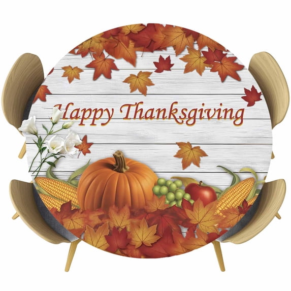 Fall Maple Leaves Round Tablecloth, Fitted Table Cover with Elastic for 55"-60" Round Tables, Happy Thanksgiving Pumpkins Country Plank Table Cloth Outdoor Indoor Dinning Party Waterproof Tablecloths
