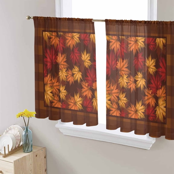 Fall Maple Leaves Semi Sheer Curtains 45 Inch Length 2 Panels Set, Brown Leaf Farmhouse Retro Plaid Sheer Kitchen Curtain Privacy Voile Window Curtain for Living Room Bedroom Rod Pocket Drapes