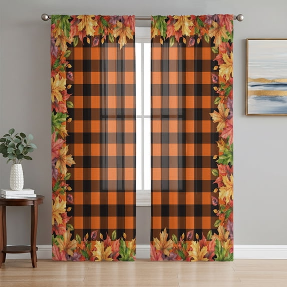 Fall Maple Leaves Sheer Curtains 72 Inch Length 2 Panels Set, Thanksgiving Burnt Orange Plaid Voile Window Treatment Rod Pocket Curtains Sheers Drapes for Bedroom/Living Room/Kitchen 52"x72"x2
