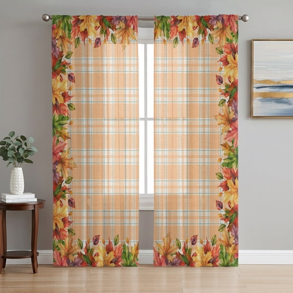 Fall Maple Leaves Sheer Curtains 96 Inch Length 2 Panels Set, Thanksgiving Orange Buffalo Plaid Voile Window Treatment Semi Sheer Long Curtains Drapes for Bedroom/Living Room/Kitchen 52"x96"x2